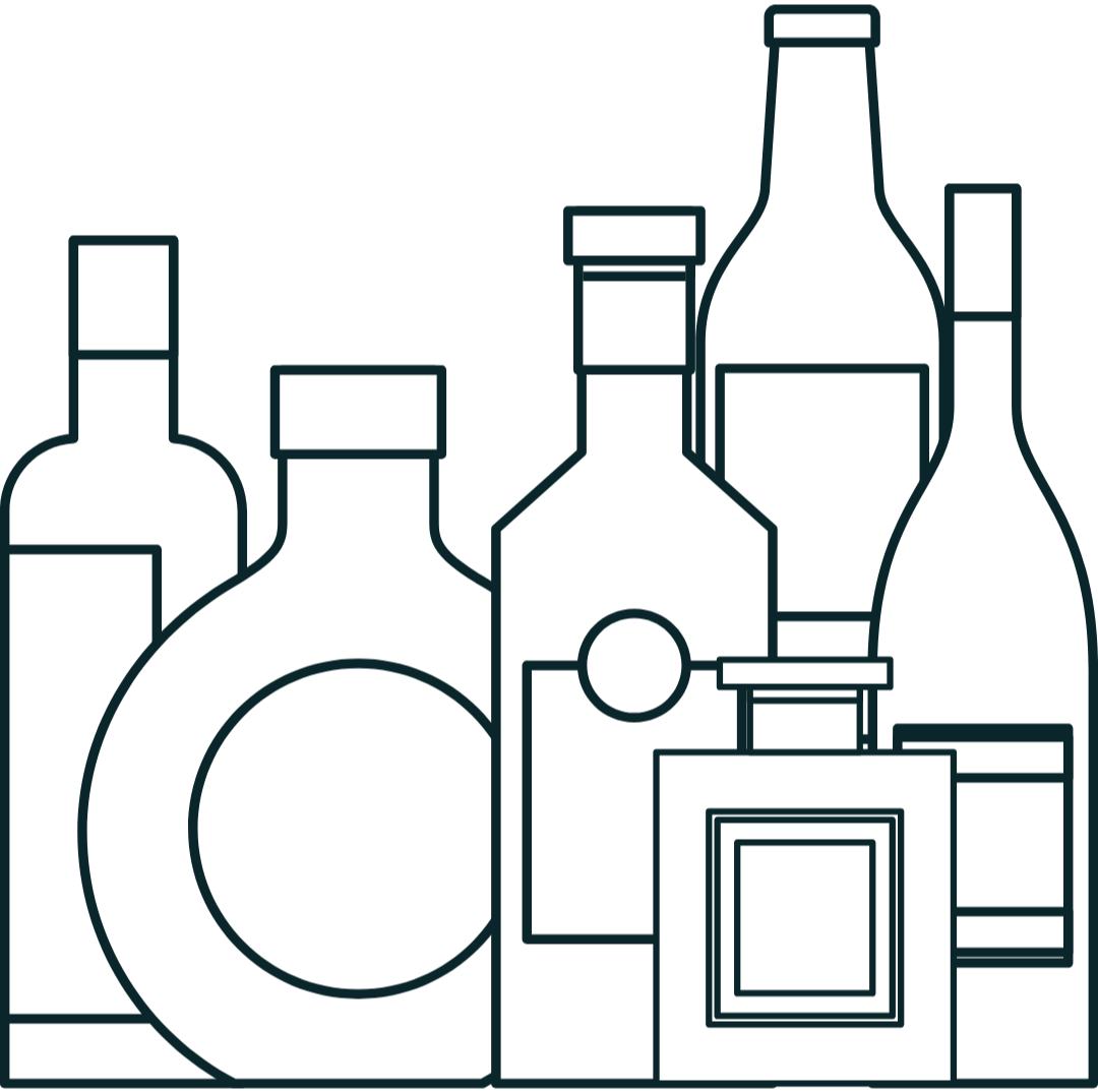 Outline drawing of various perfume bottles.