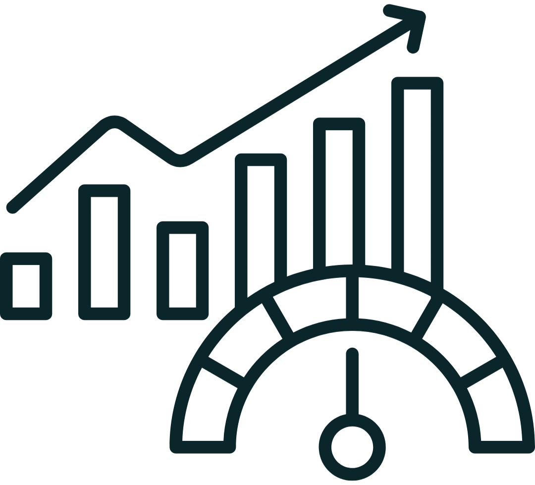 A line graph with an upward trend, bar charts, and a speedometer indicating high performance.