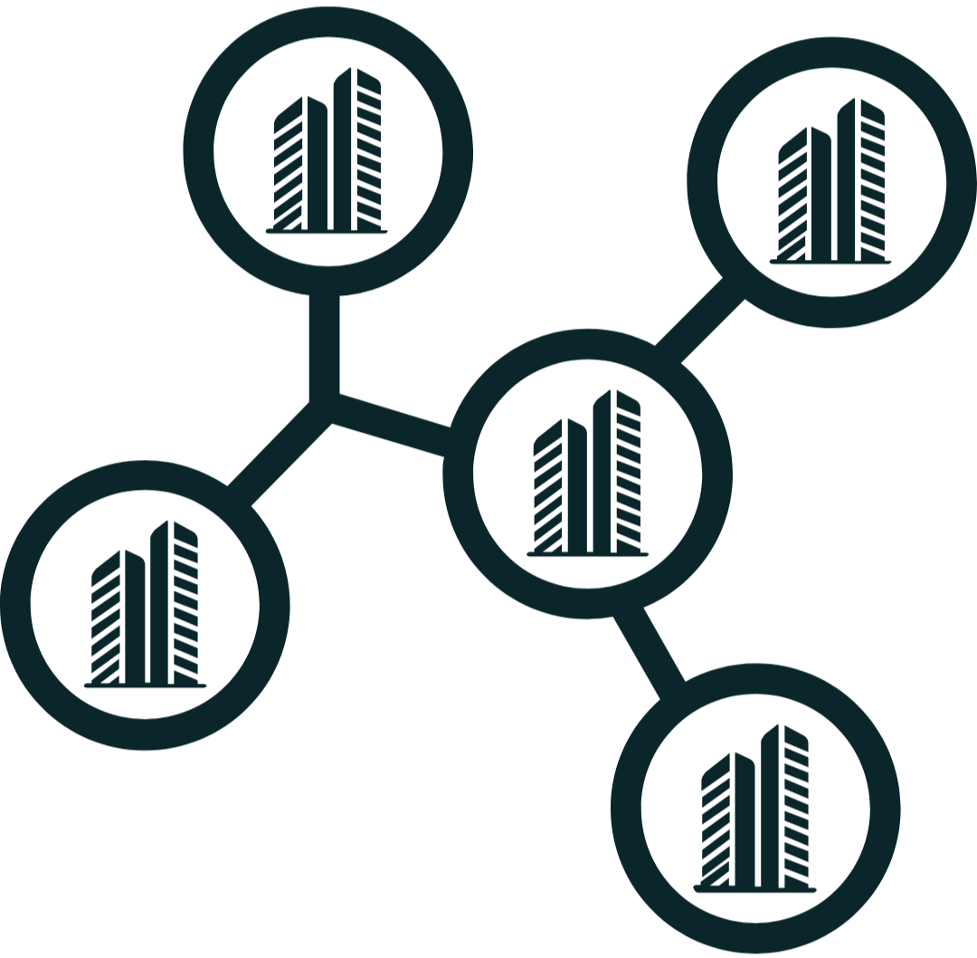 Graphic representation of a neural network or interconnected data nodes with financial or bar chart icons inside circles.