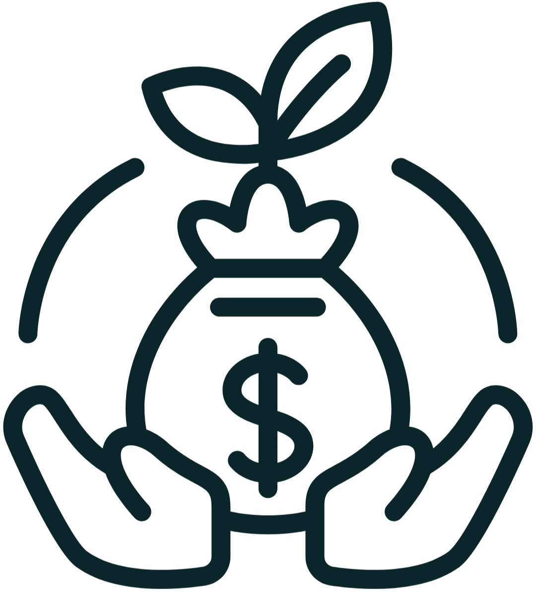 Outline of hands holding a piggy bank with a dollar sign, a plant leaves growing from it, symbolizing financial growth or savings.