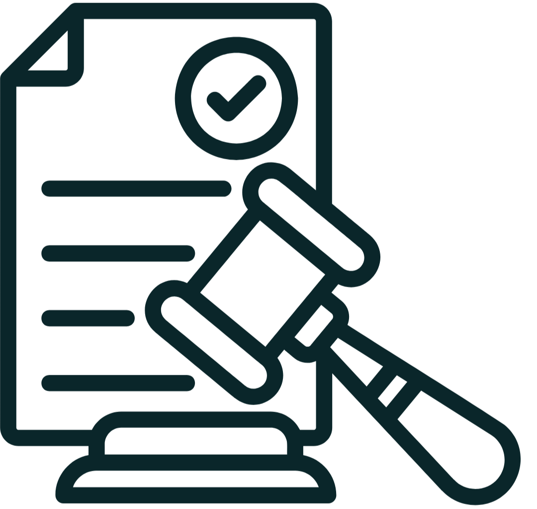 Icon of a document with a checkmark, gavel, and lines of text representing legal or official paperwork.