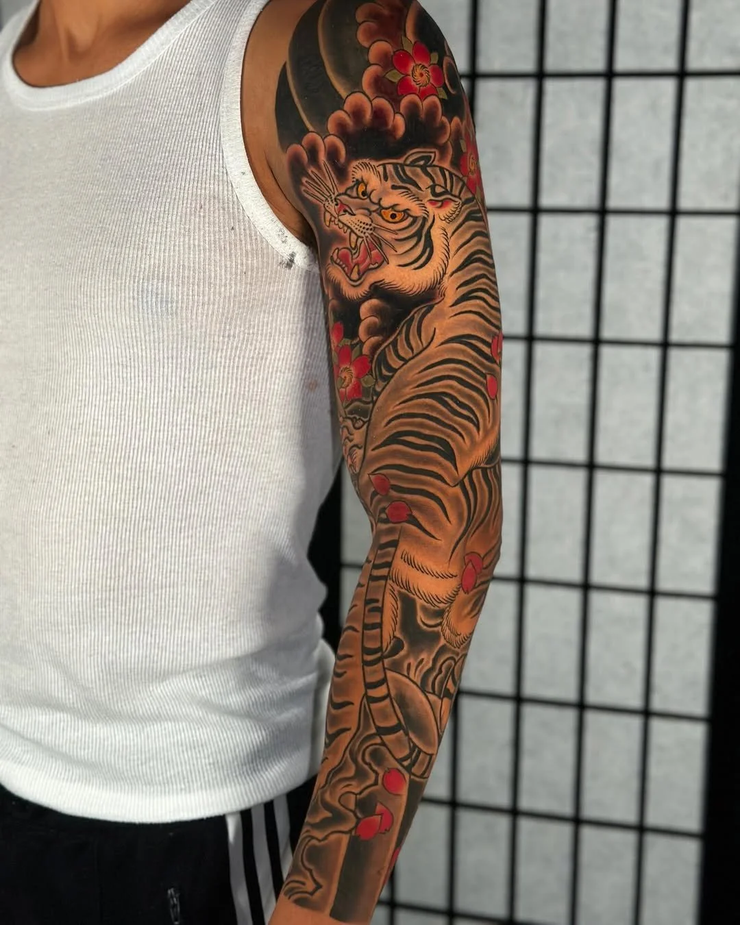 Black and grey Japanese tiger tattoo