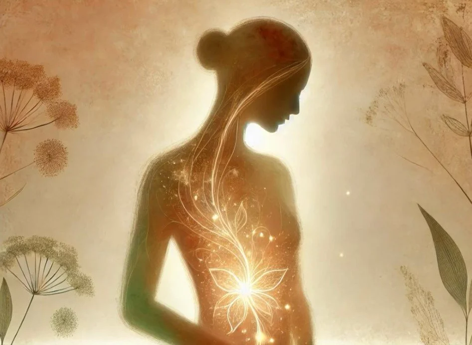Illustration of a woman with glowing energy in the body, symbolising emotional healing