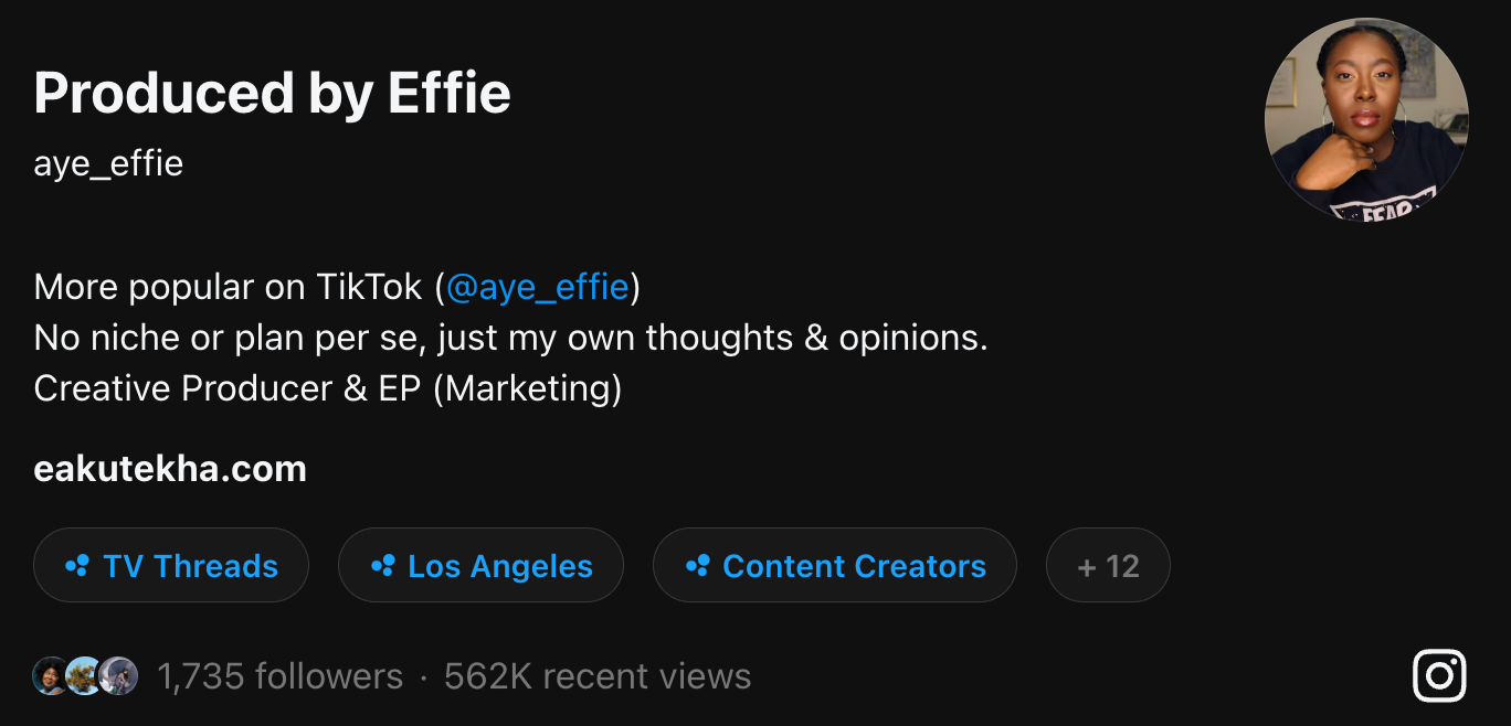 A screenshot of @aye_effie's Threads profile shows over 1,700 followers as of October 2026, with over 560,000 recent views.