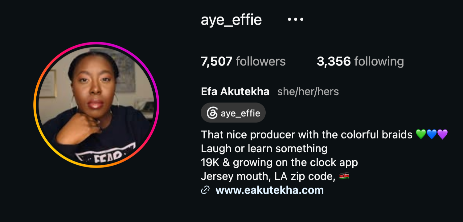 A screenshot of @aye_effie's Instagram profile shows over 7,500 followers as of October 2026.