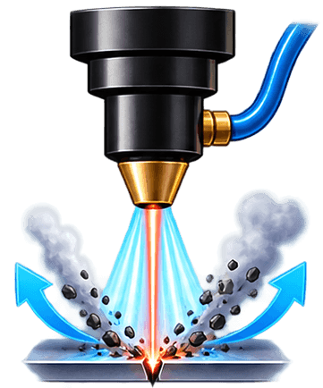 diagram showing the air-assist blowing the heat vapors and debris away from a cut