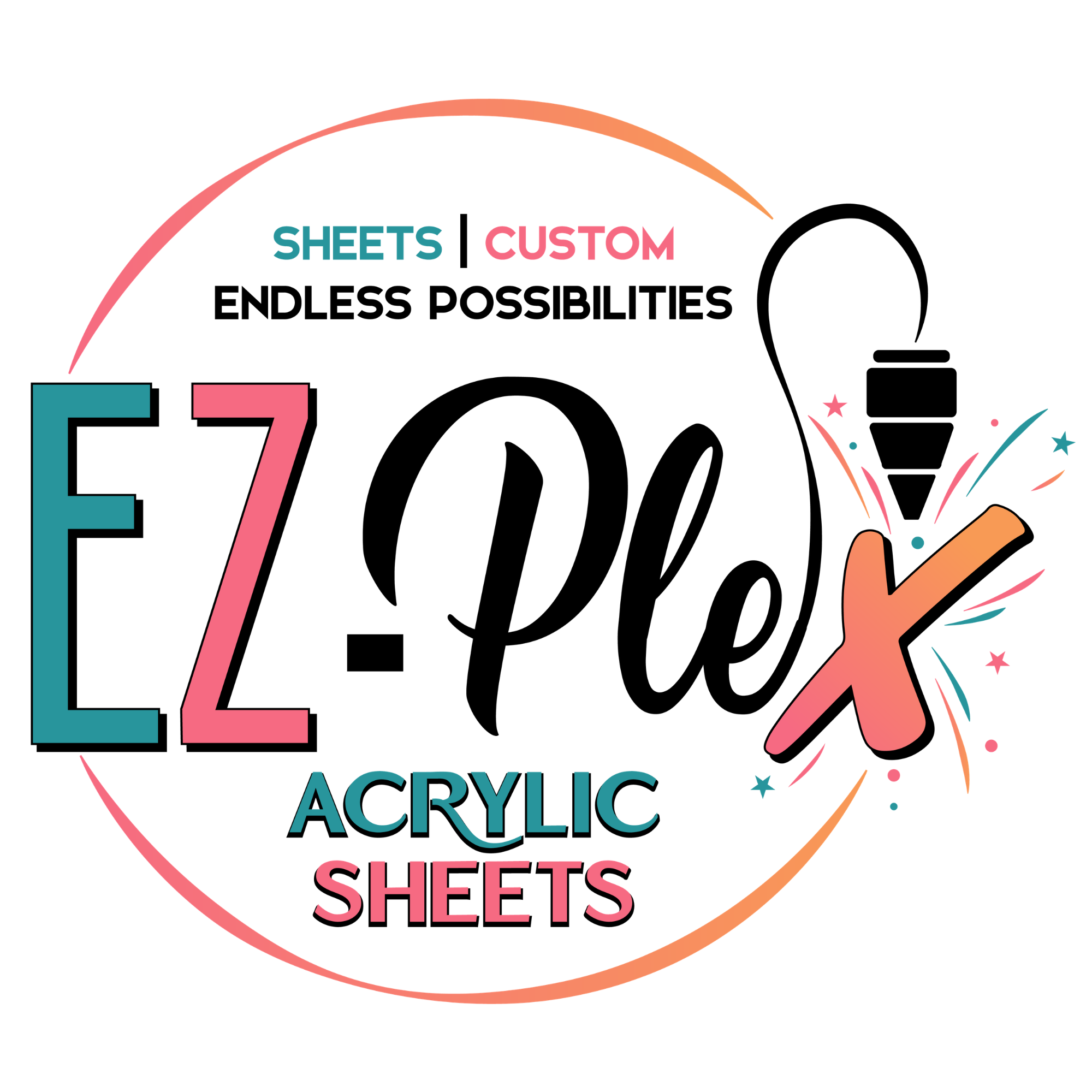 Close-up of a label on a roll of custom sheets, featuring colorful text that reads 'SHEETS | CUSTOM ENDLESS POSSIBILITIES' and listing materials like cardstock, acrylic, and sheets, with decorative stars and colorful accents.