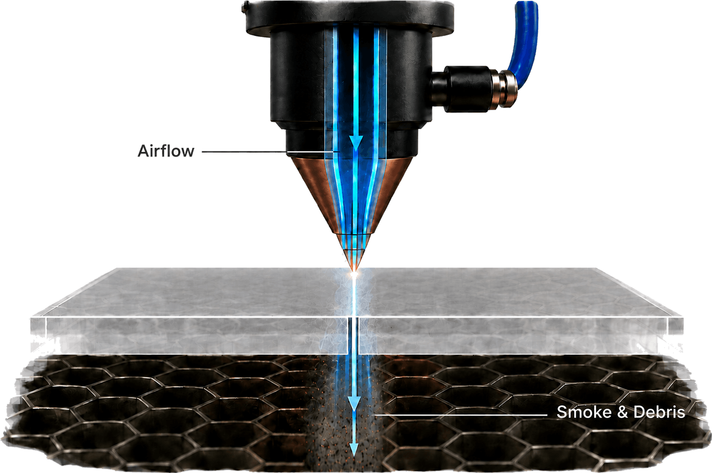 showing how the air assist on a co2 laser removes the heat and debris from a cut