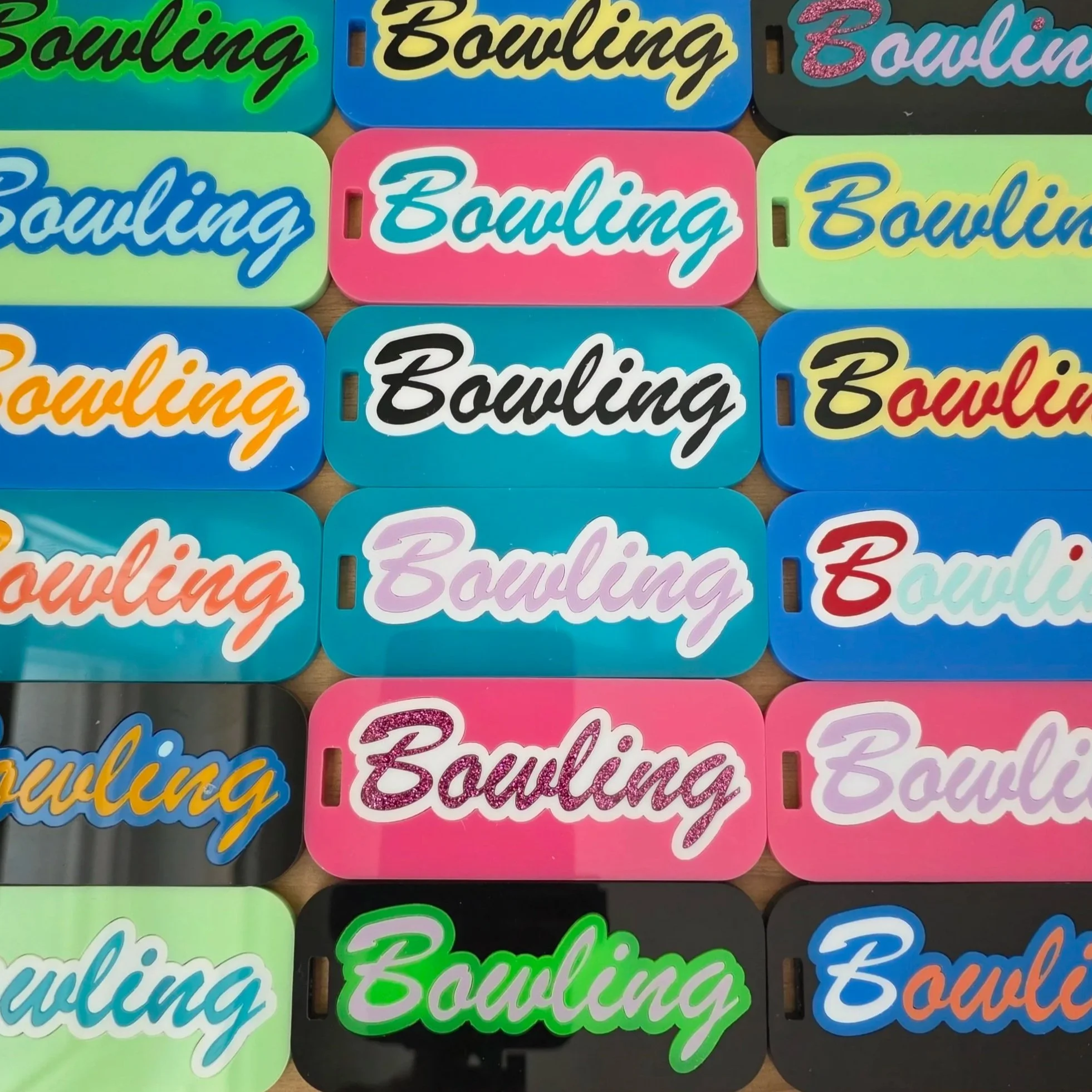 Colorful bowling bag tags