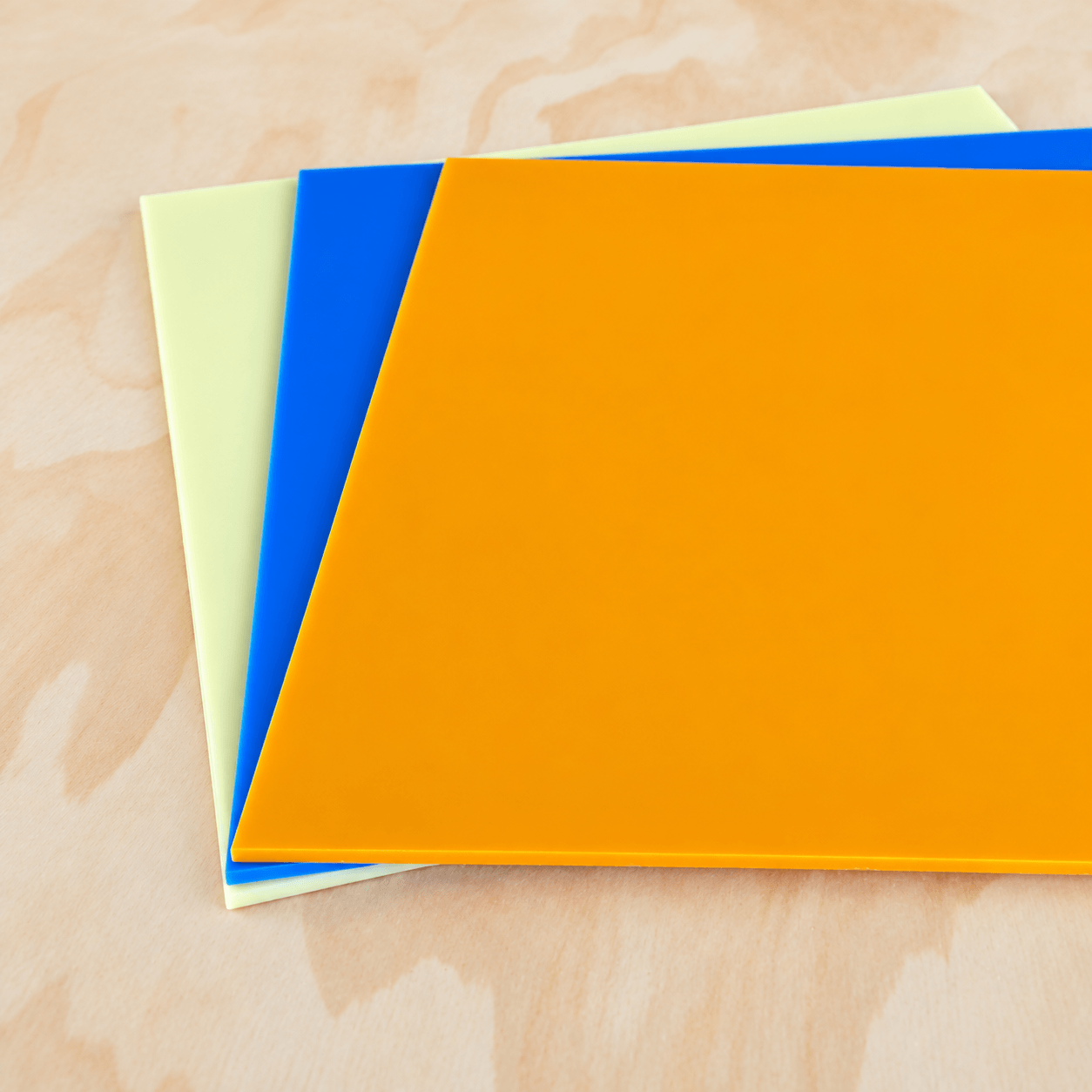 An image from a lower angle of the 3 colored cast acrylic sheets in the Playful Party 3 Pack 2.png
