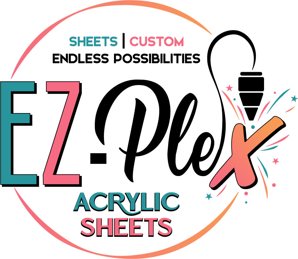 Colorful logo for E-Z Acrylic Sheets featuring bold black text, with teal, pink, and orange accents.