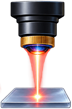 diagram showing a laser lens focusing a beam into the material