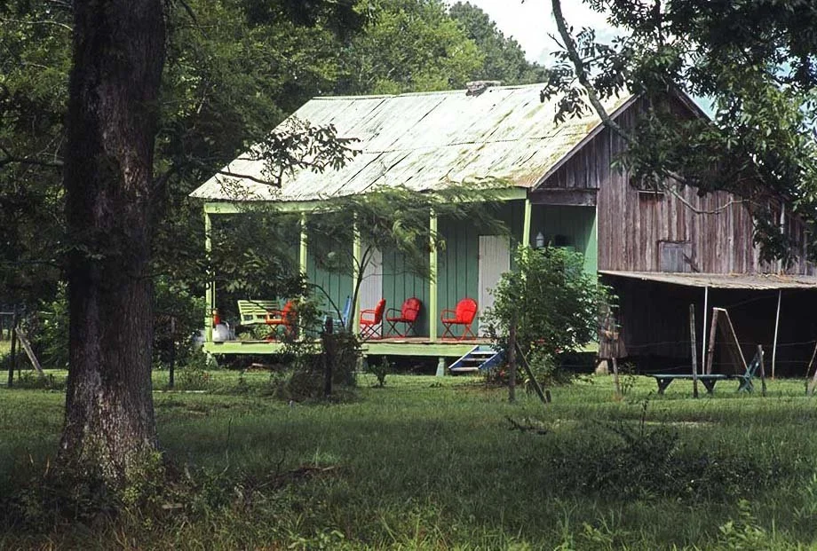 Green Cabin with Red Chairs