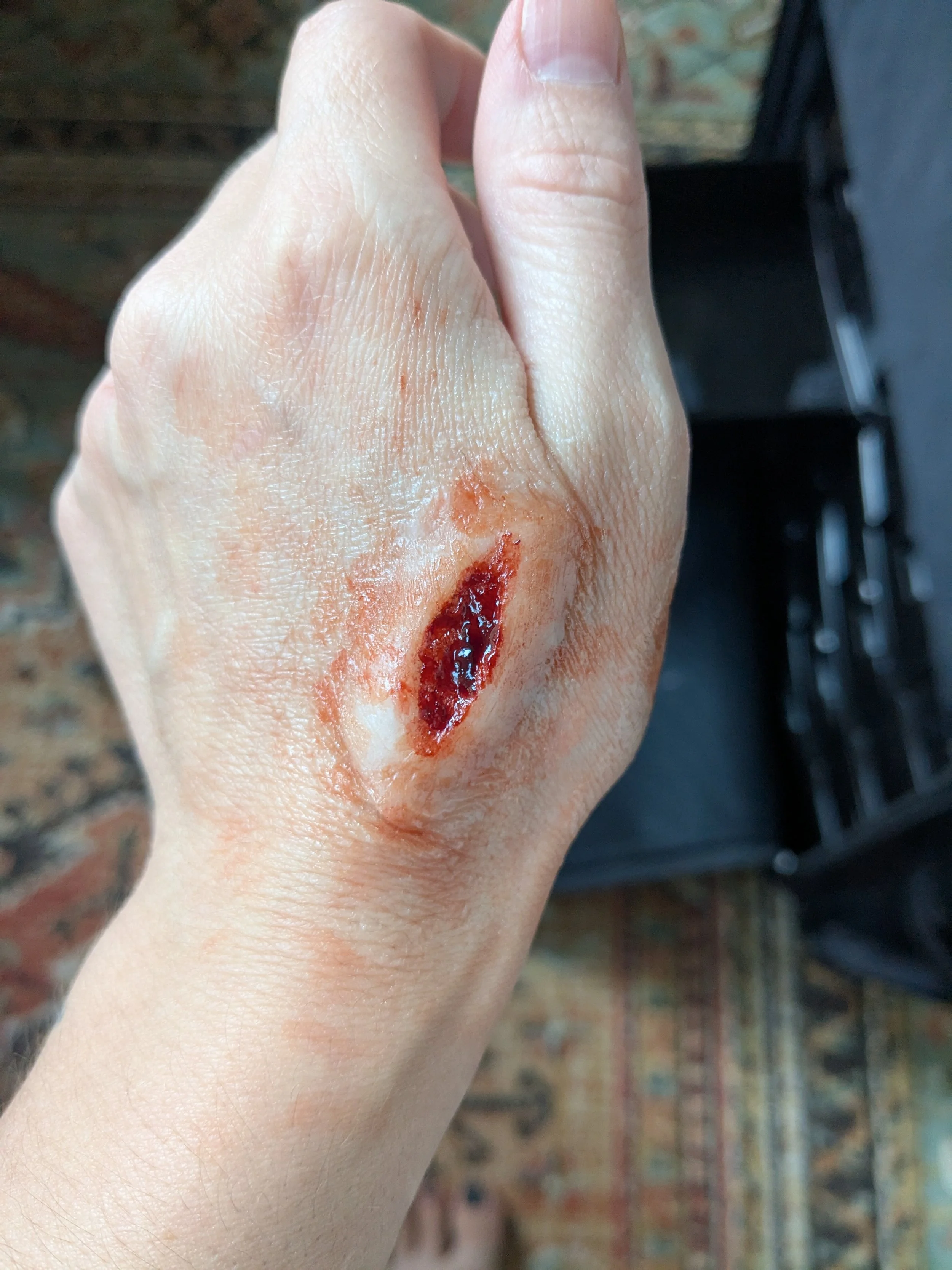 Personal project dog bite silicone prosthetic.
Sculpted molded casted applied and painted by me.