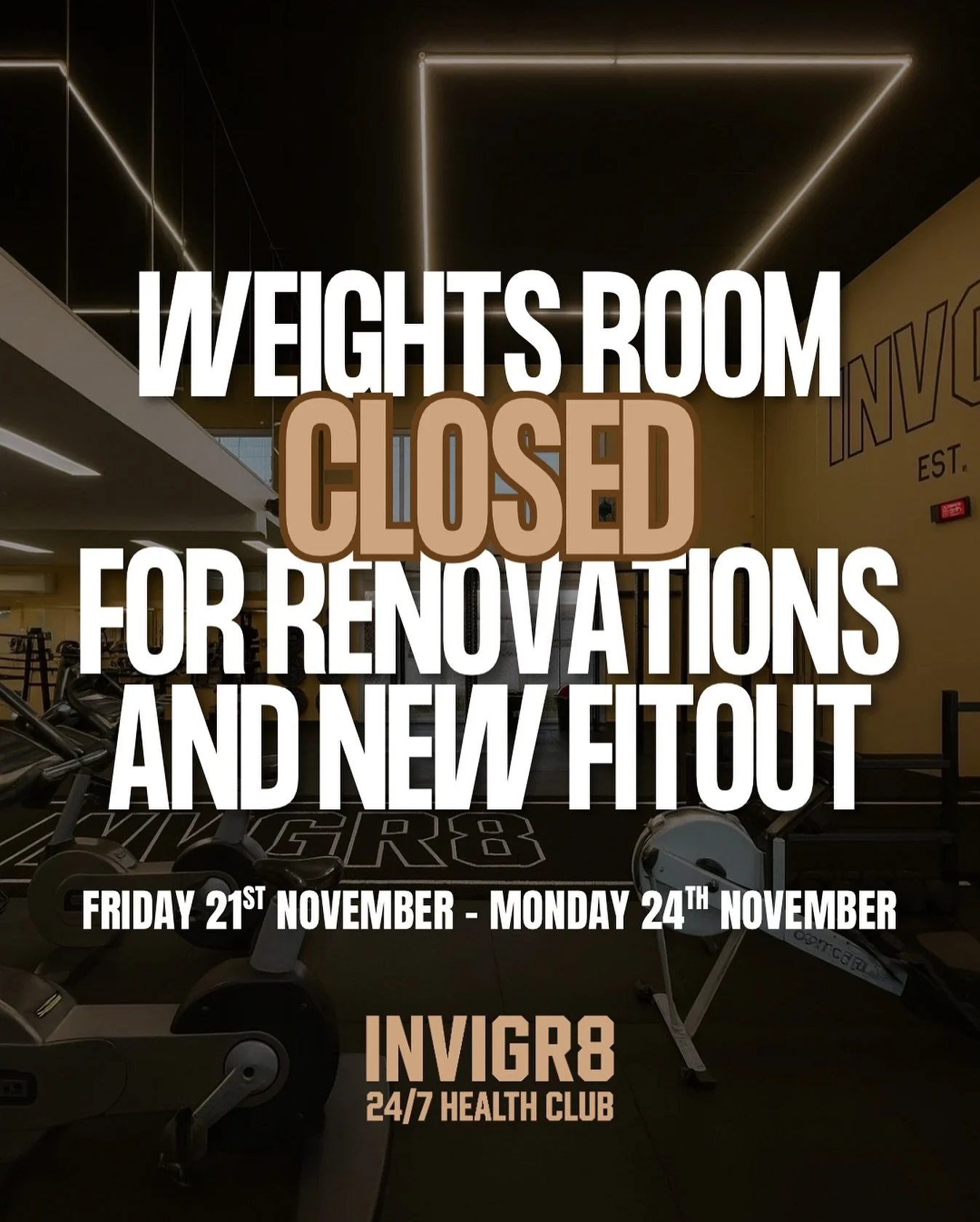 Just a reminder that the weights zone (including saunas) will the CLOSED this Friday 21st November - Monday 24th to allow renovations and brand-new fitout of equipment.
All other training zones, including group classes, will remain open as per usual.