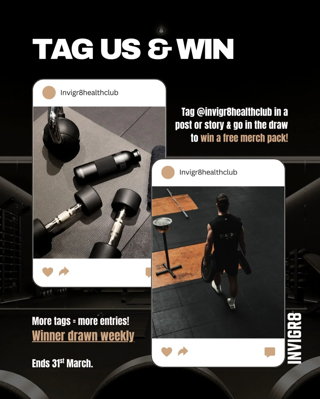 Want a FREE merch pack? Well get tagging!!! 📱 We are giving away a free merch pack EVERY.SINGLE.WEEK until the end of March! 
All you have to do is TAG @invigr8healthclub in a story or post, and you will go in the draw ✨
MORE tags = MORE entries.