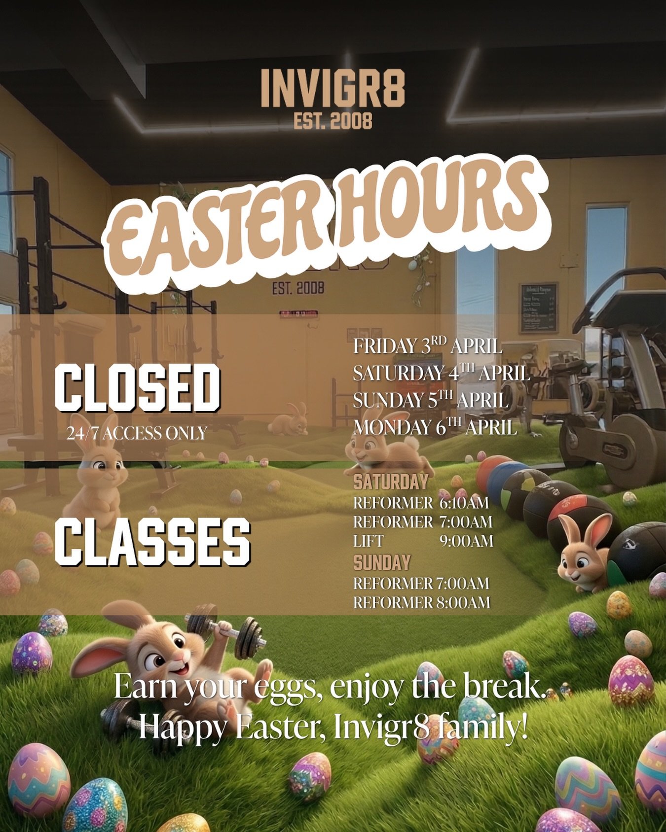 Out of office: Hunting for chocolate! 🍫🐣

Just a heads up that we won&rsquo;t be staffed this Easter long weekend. However 24/7 access will continue as usual. 

Please note there have been changes made to our class schedule, with the available clas