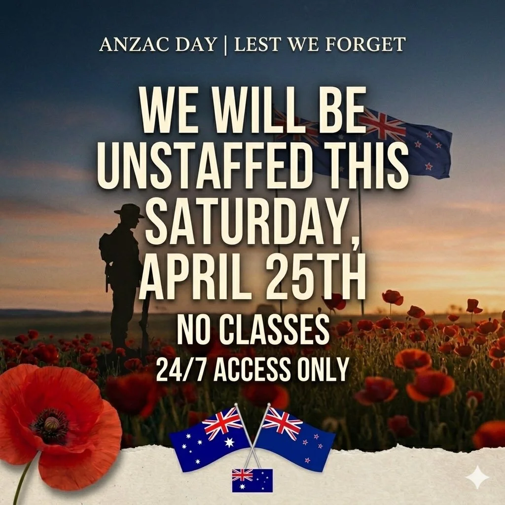 A reminder that there will be no staffed hours or classes this ANZAC Day (Saturday). 

24/7 access for members only. No casuals allowed. 

Lest we forget.
