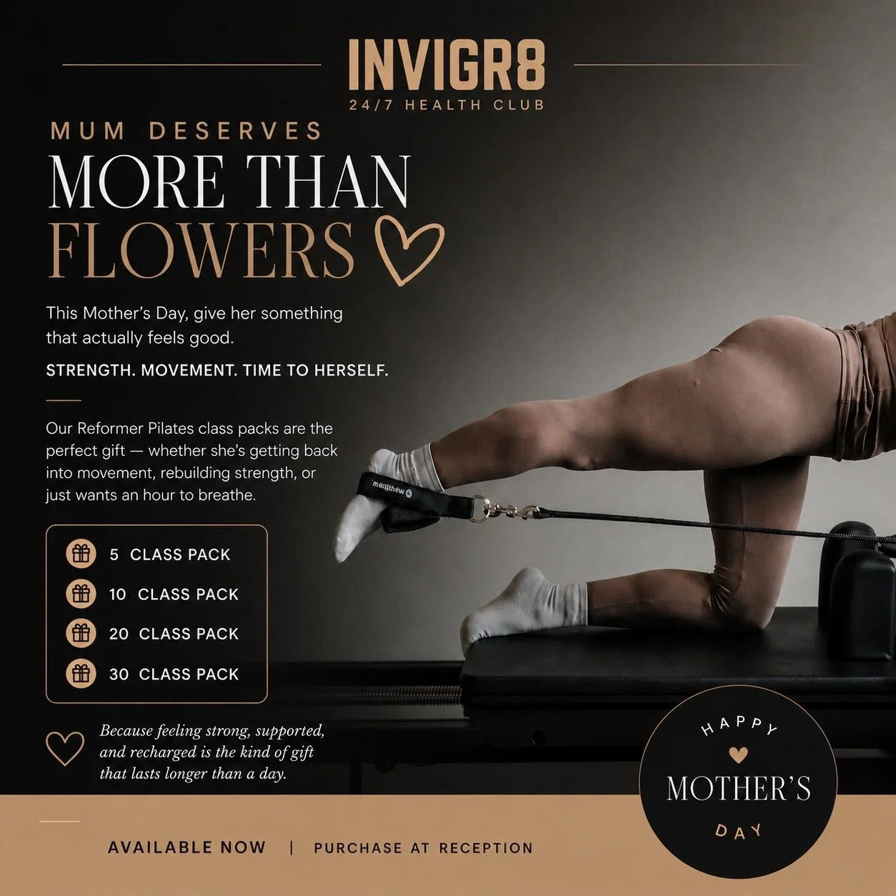 Give the gift of strength this Mother&rsquo;s Day 💗 Our Reformer Pilates packs are the perfect way to say &ldquo;thank-you mum&rdquo;. 5/10/20/30 class packs available. Purchase via reception!