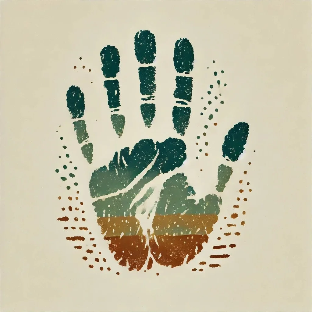 Colorful handprint artwork with a butterfly design at the palm center, surrounded by dotted lines on a cream background.