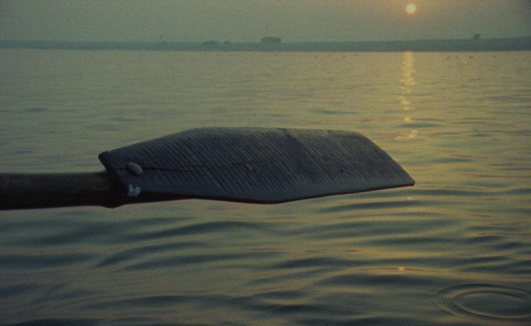 A wooden paddle with a metal rivet resting on calm water during sunset, with a distant horizon and the sun low in the sky.