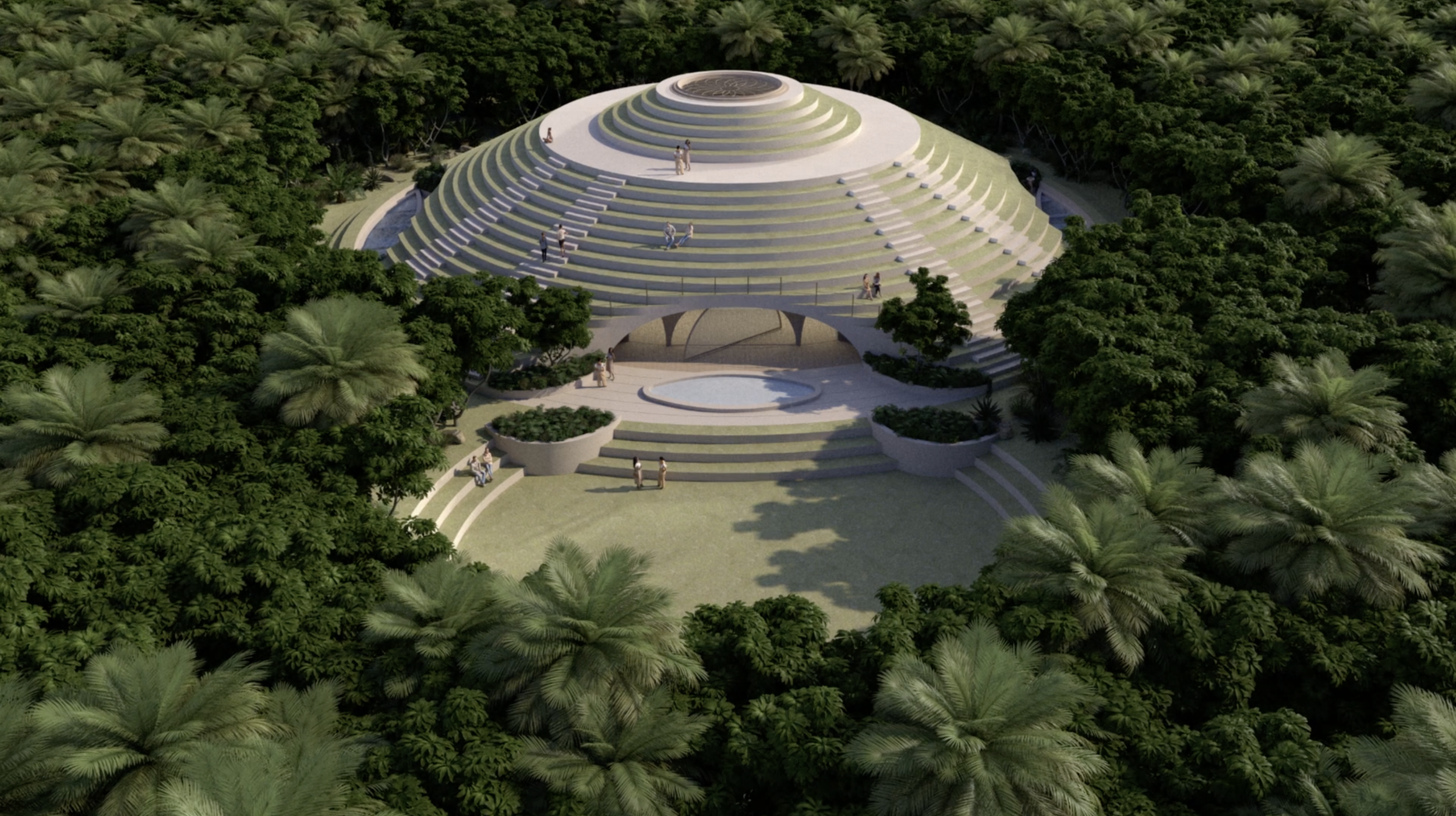 A large, tiered, circular concrete structure with steps leading to its top, surrounded by lush dense tropical greenery and palm trees. Several people are exploring the monument, sitting, and walking around.