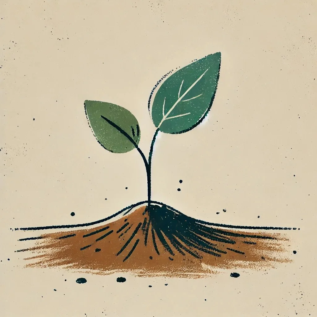 Drawing of a young plant with green leaves growing out of soil.