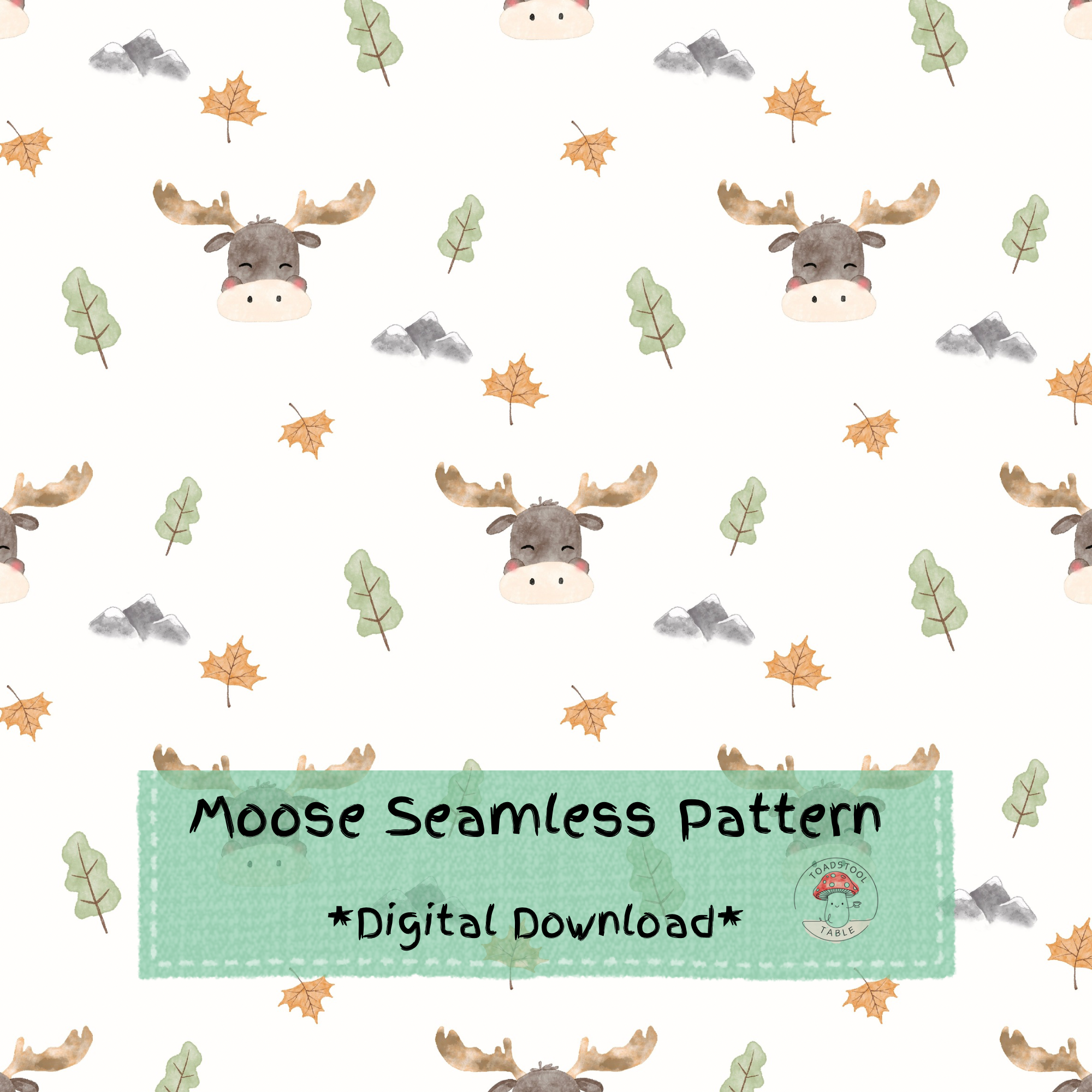 Woodland Moose Seamless Pattern | Cozy Storybook Forest Watercolor Digital Download