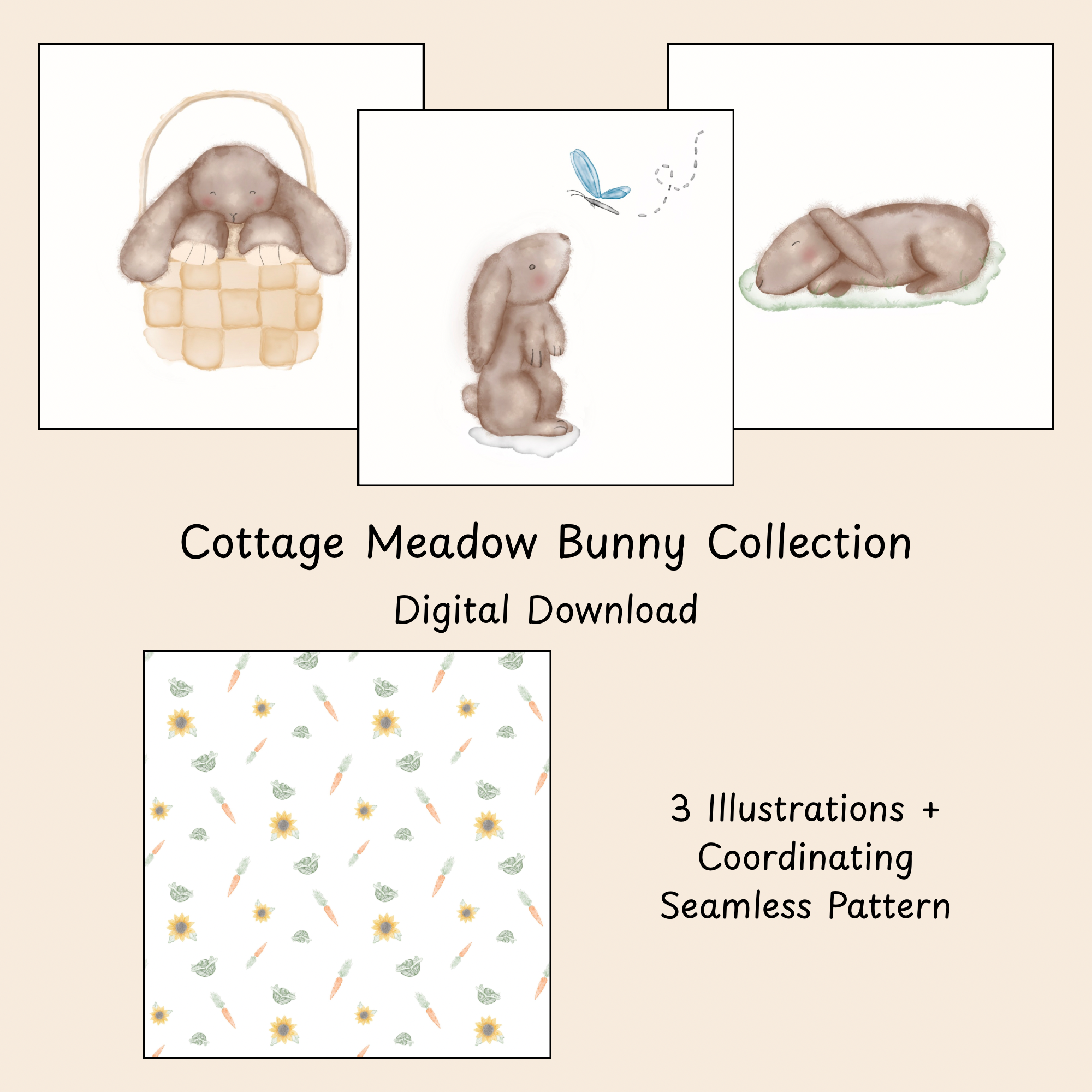 Cottage Meadow Bunny Collection | Watercolor Bunny Illustrations & Seamless Pattern | Digital Download