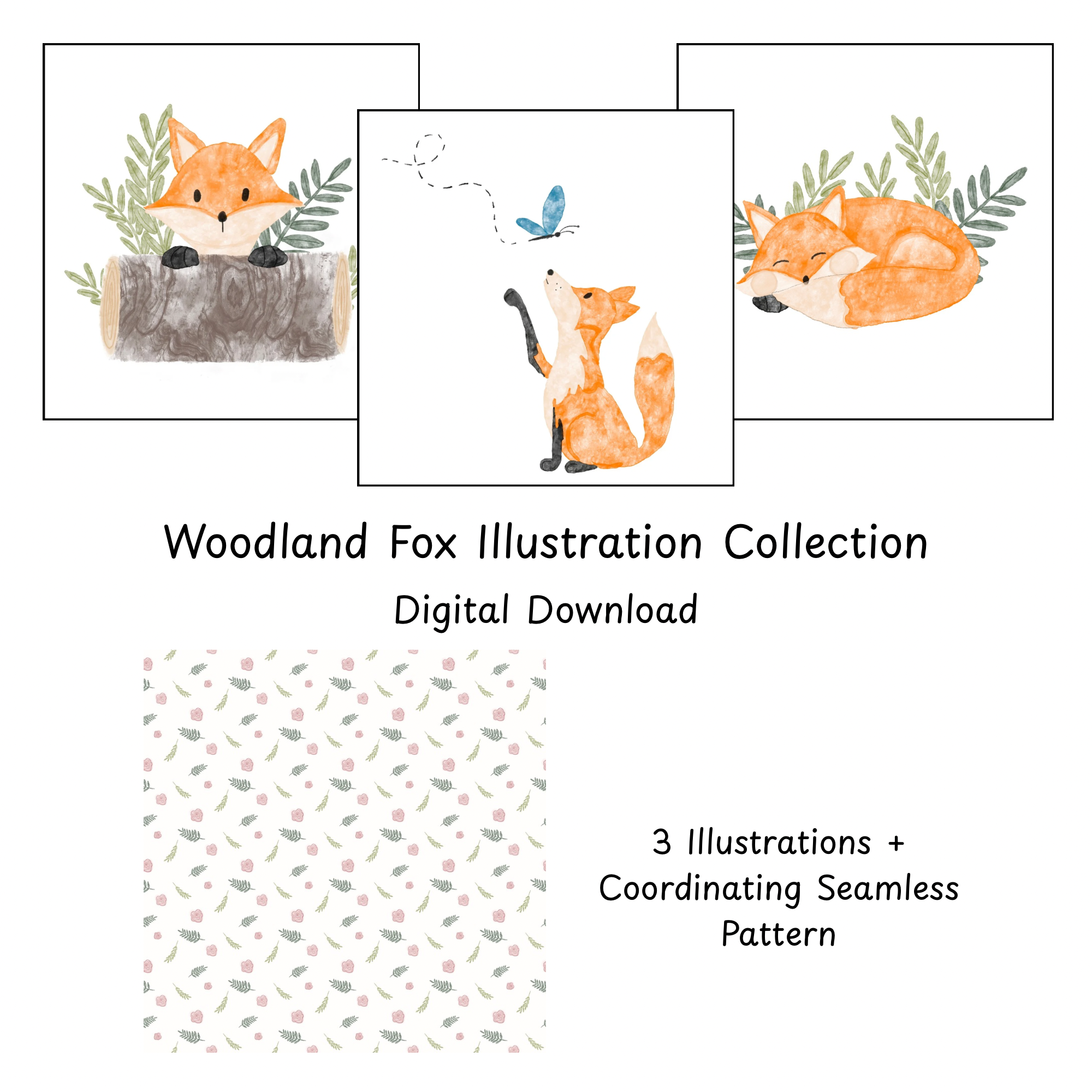Woodland Fox Illustration Collection | 3 Watercolor Foxes + Coordinating Seamless Pattern | Digital Download