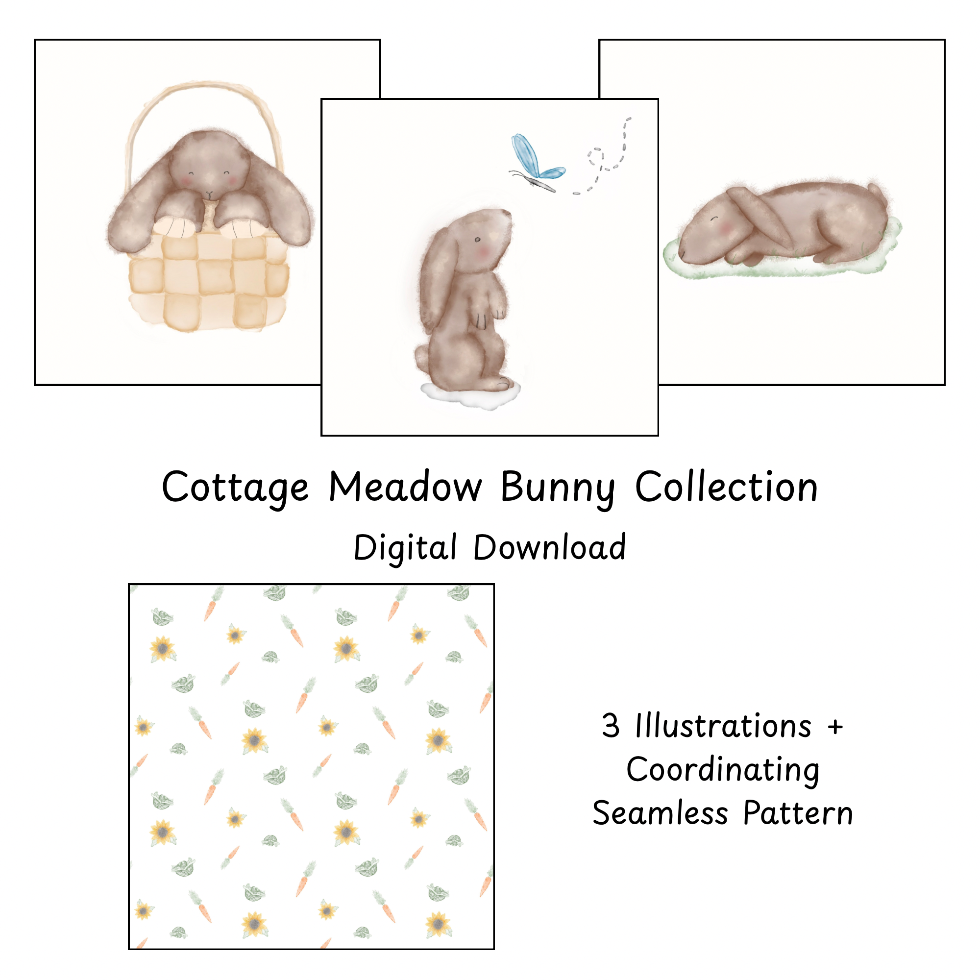 Cottage Meadow Bunny Collection | Watercolor Bunny Illustrations & Seamless Pattern | Digital Download