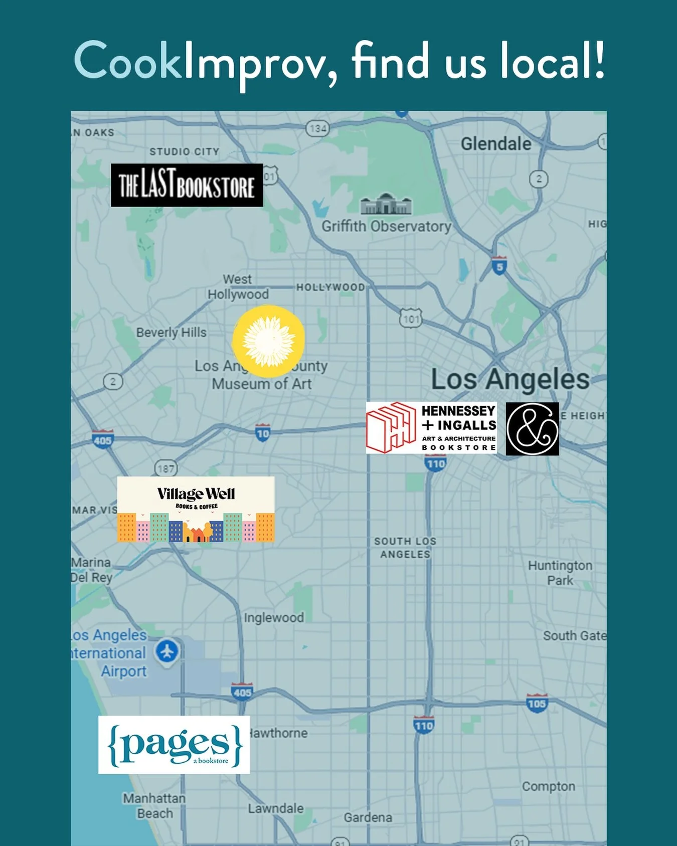 CookImprov is thrilled to be featured in local stores across LA!&nbsp;

Support small businesses from DTLA to WeHo, Studio City, Culver City and Manhattan Beach:&nbsp;
 DTLA: Artbook&nbsp;@ Hauser &amp; Wirth&nbsp;@artbookhwla
DTLA: Hennessey&nbsp;+ 
