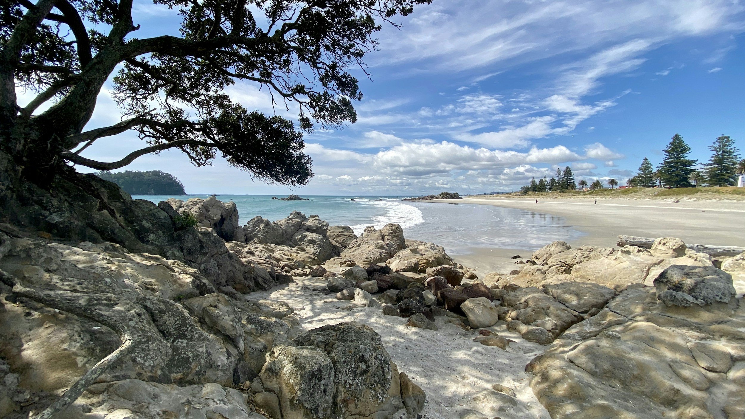 A rocky beach with large rocks and sand, a tree with overhanging branches on the left, turquoise ocean waves, and a partly cloudy sky with blue and white clouds.