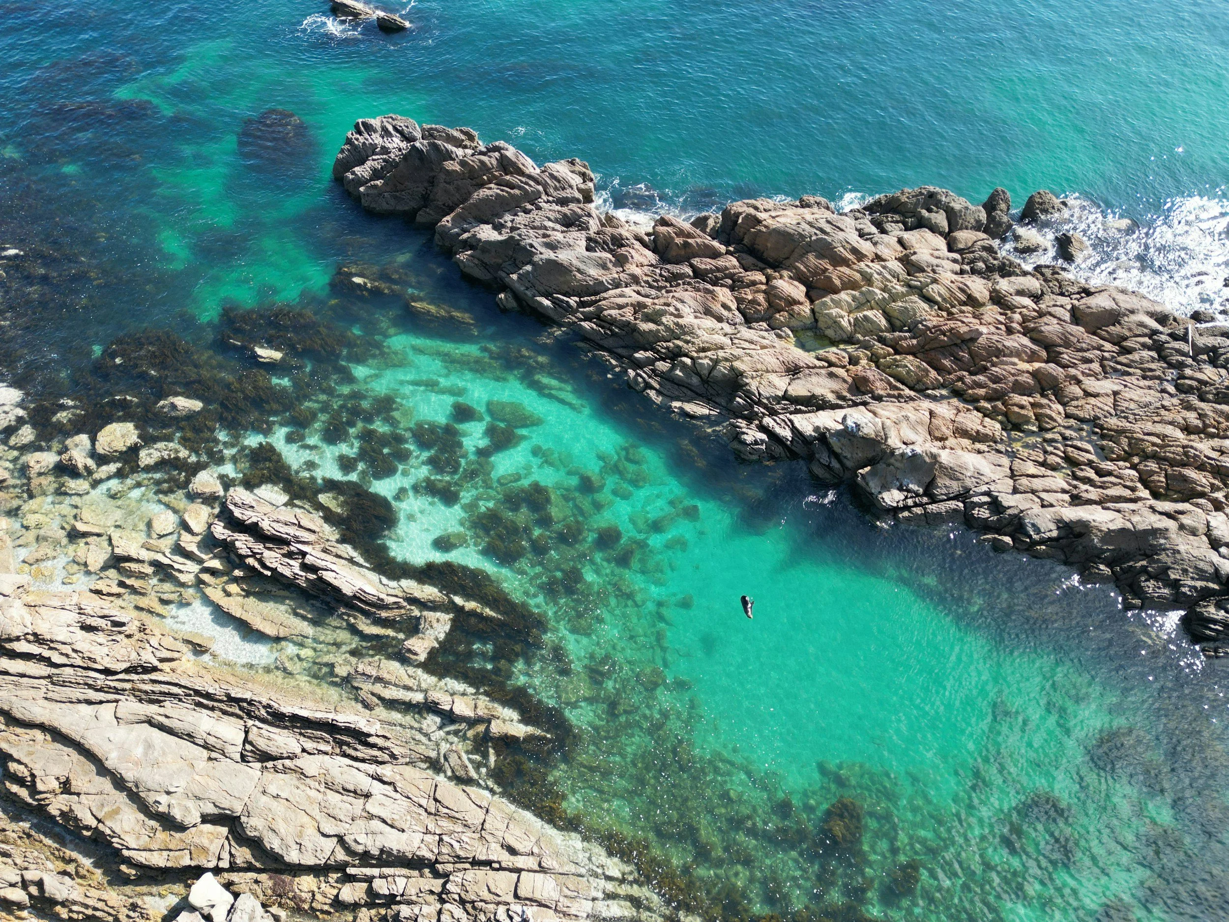 Aerial view of a rocky shoreline with turquoise water, a person swimming in a small natural pool.