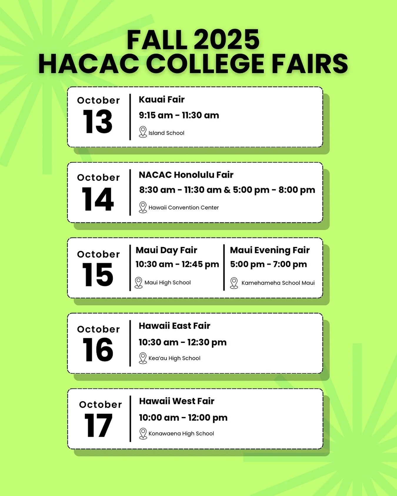We&rsquo;re one week away from the Fall 2025 HACAC college fairs! If you or anyone you know is interested in learning more about Hawaii Tokai, please visit our booth! 
#htic #hawaiitokai #hawaii #college #collegefair