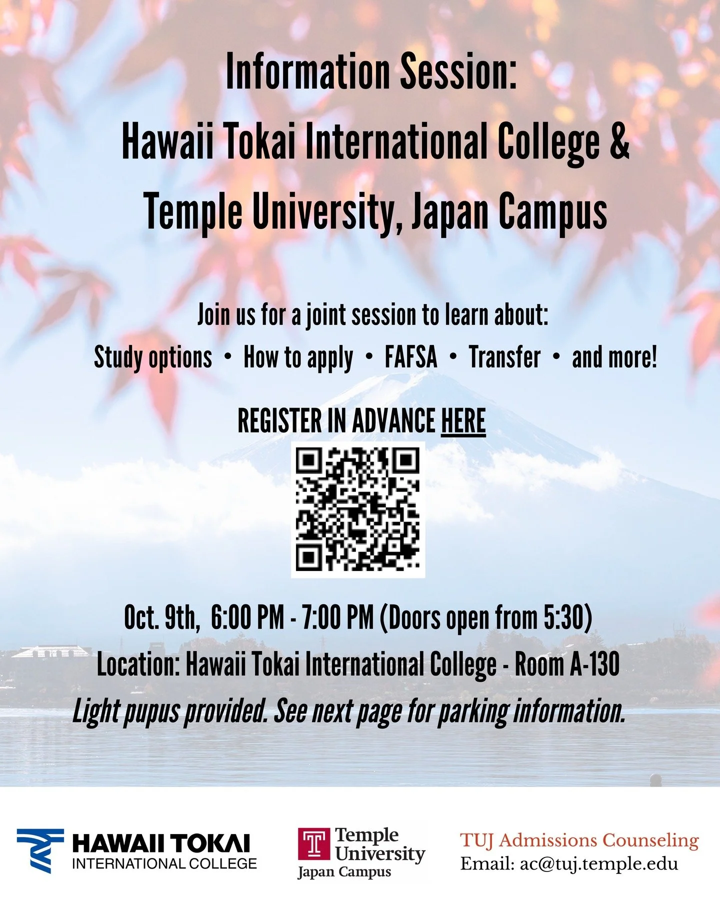 We&rsquo;re teaming up with Temple University, Japan Campus (TUJ) for a special joint information session!

Learn how you can:
✨ Begin your studies in Hawaiʻi at Hawaiʻi Tokai International College (HTIC) and transfer to TUJ to complete your bachelor