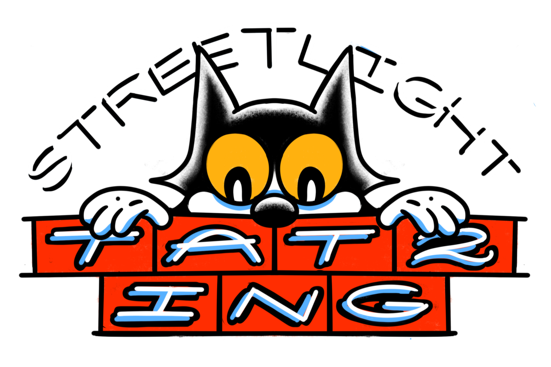 Streetlight Tattooing Logo Featuring a black cat like felix looking over bricks like a Kilroy in a American traditional style