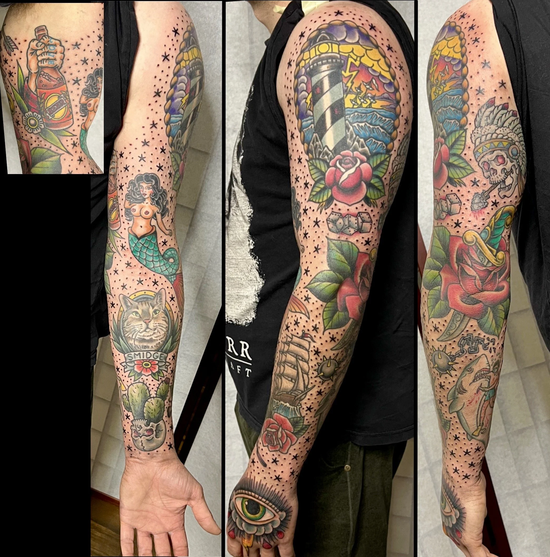 Colorful sleeve tattoos featuring a mermaid, a cat with the name 'Smudge,' a lighthouse with a rose, a skull with a headdress, a sword with roses, a shark, an eye, and various other traditional tattoo designs.
