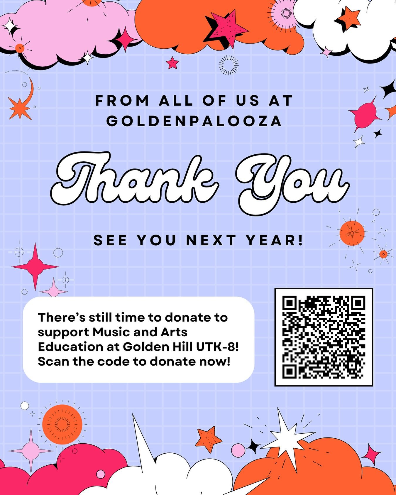 🎶 THANK YOU, GOLDENPALOOZA FAMILY! 🎨

What an incredible day! Our very first Goldenpalooza was filled with joy, creativity, and community, and thanks to your support, we raised over $8,000 for Golden Hill UTK-8&rsquo;s music and arts programs!

Fro