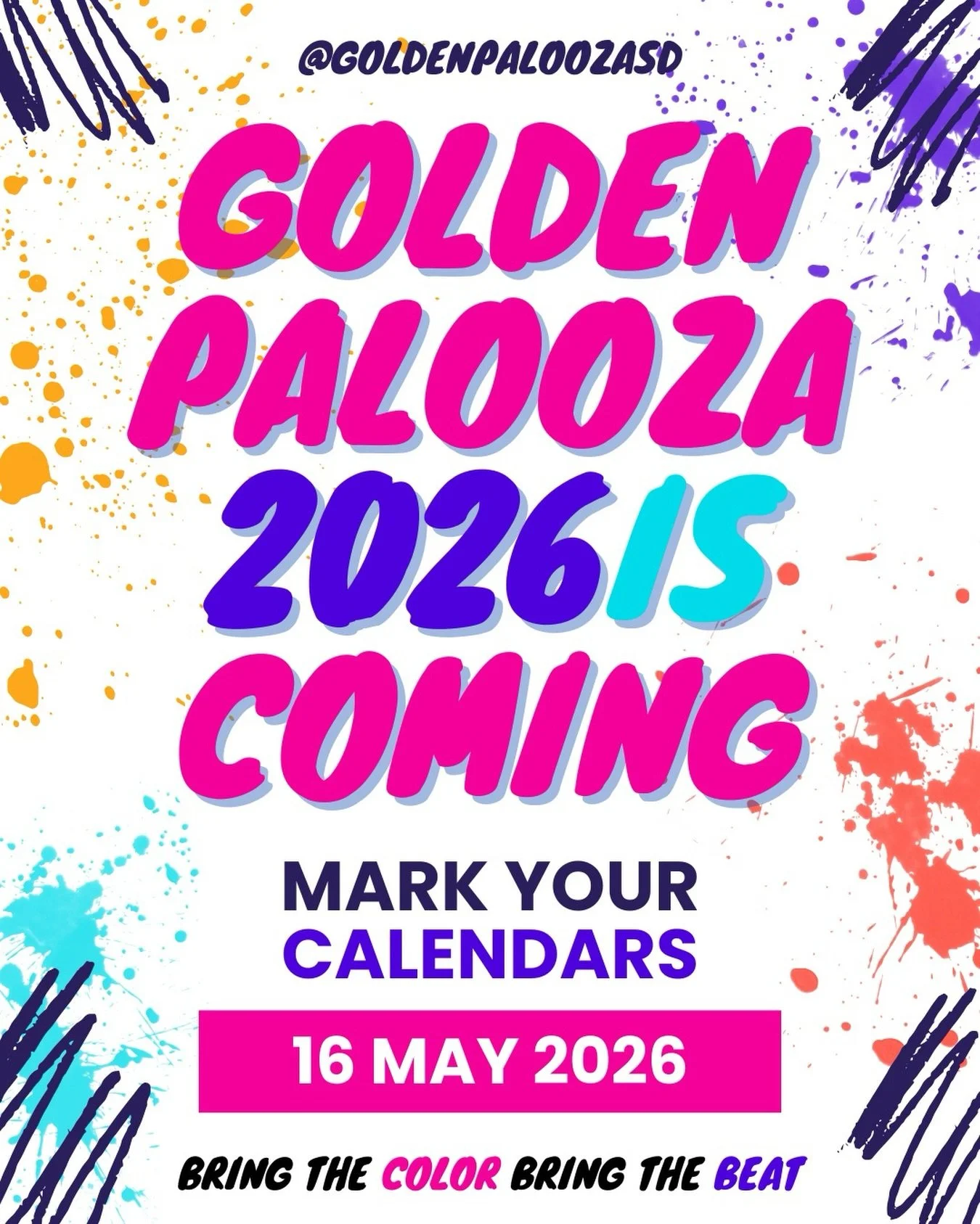 The countdown starts now!

Goldenpalooza returns May 16th, 2026 at the Golden Hill Recreation Center with even more live music, art, family friendly activities, local food, artisan vendors, and all the community magic we love.

Bring the Color - Brin