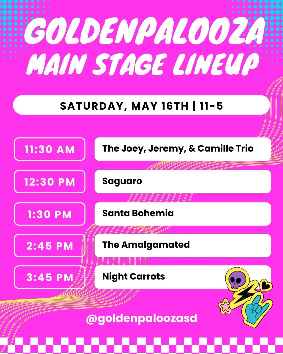 The Goldenpalooza Main Stage lineup just dropped. 🎶

Five acts. Non-stop music. All afternoon.

Swipe to meet the bands playing Saturday, May 16 at Golden Hill Rec Center. 👉

📅 11 AM - 5 PM &bull; Free admission

Tag someone you&rsquo;re bringing!