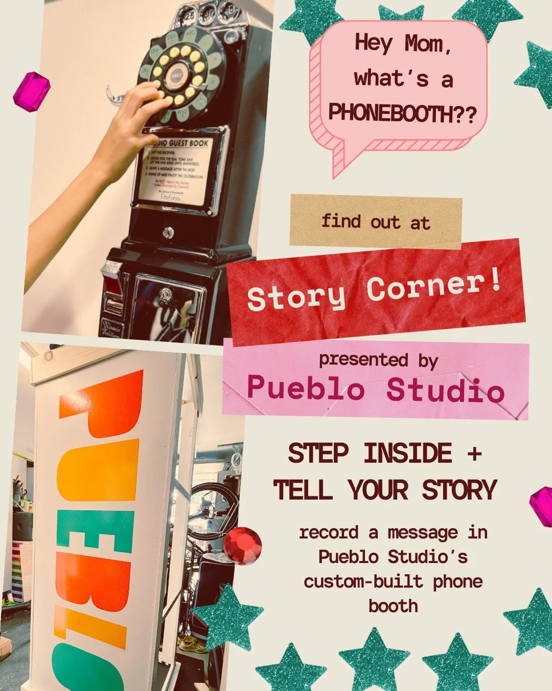 This is Story Corner ☎️

New this year and unlike anything we&rsquo;ve done before.

Pueblo Studio built a real phone booth where you can step inside and record your story.

Kids have been asking &ldquo;what&rsquo;s a phone booth?&rdquo;

Parents&hel