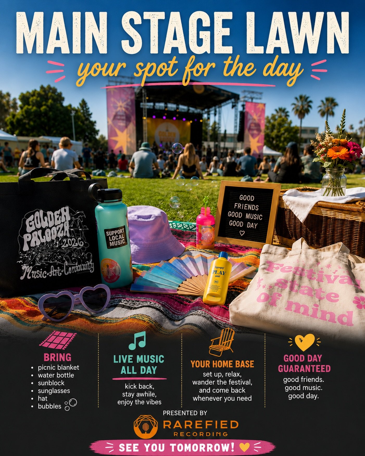 See you tomorrow, Golden Hill. 🎶

MAIN STAGE LAWN
Presented by @rarefiedrecording 

This is your spot for the day.

Set up your blanket, wander the festival, come back whenever you want. The music&rsquo;s always on and the lawn is always yours.

✨ W