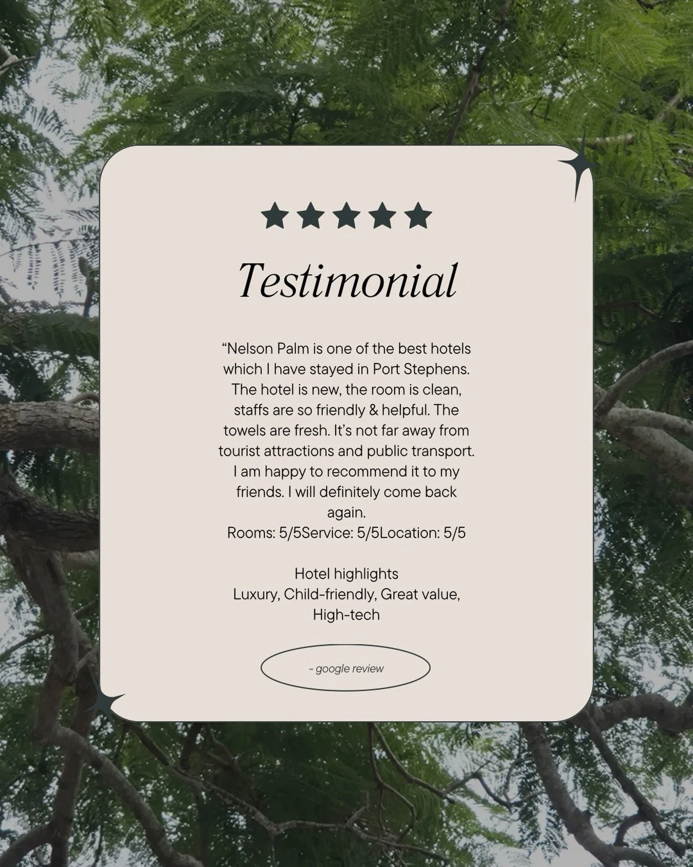 When guests say this&hellip; we know we&rsquo;re getting it right 🙌 

&ldquo;One of the best stays in Port Stephens &mdash; clean rooms, fresh towels and such friendly, helpful staff.&rdquo; ⭐️⭐️⭐️⭐️⭐️ 

Nothing matters more to us than creating a sp