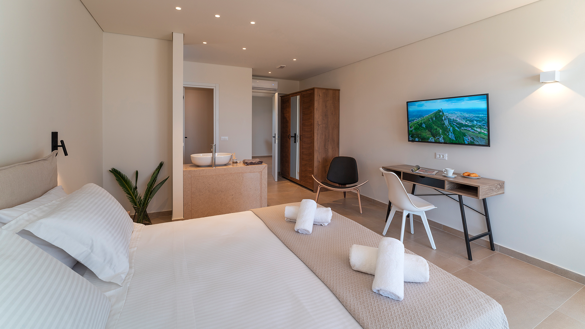 Rhodes Sea View Villa bedroom, open bathroom.