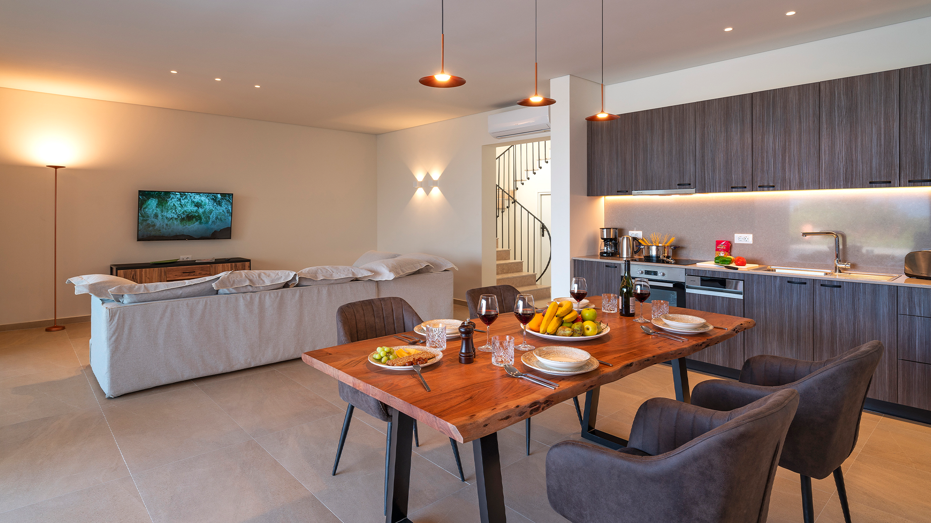 Rhodes Sea View Villa Elegant dining space with open plan kitchen