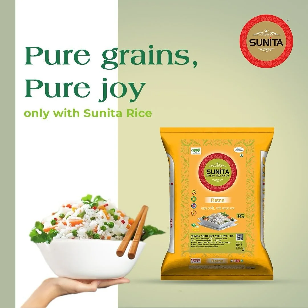 Advertisement for Sunita Rice with a bowl of cooked rice and chopsticks on a hand, and a bag of Sunita Ratna rice on a green background with text 'Pure grains, Pure joy only with Sunita Rice'