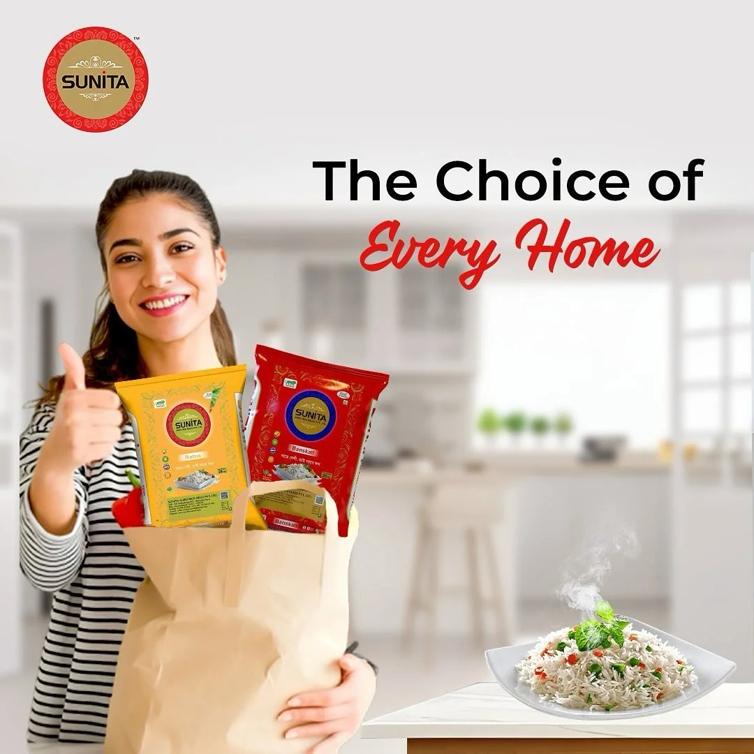 Smiling woman giving a thumbs-up holds a paper bag with Sunita rice packets inside, in a modern kitchen setting, with a steaming bowl of rice on the table and the text "The Choice of Every Home" beside the woman.