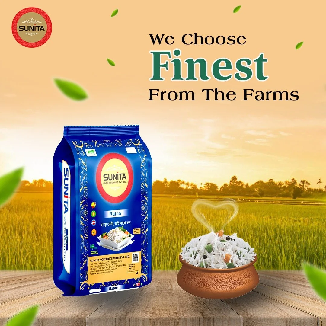 A bag of Sunita rice next to a bowl of cooked rice with vegetables across an outdoor wooden surface, set against a rural field background with a sunrise or sunset, surrounded by floating green leaves.