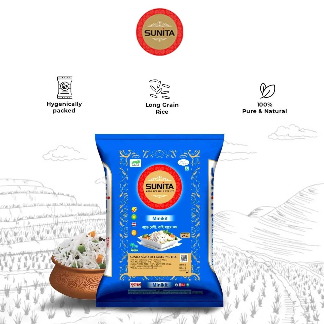 Blue package of Sunita Minikit long grain rice in front of a sketched illustration of rice terraces and a clay pot with cooked rice. The package features a red and gold Sunita logo and icons indicating it is hygienically packed, 100% pure and natural
